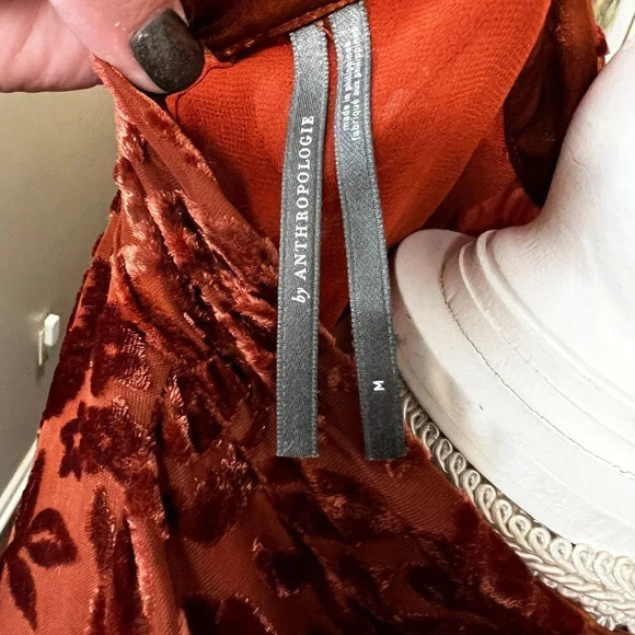 Women's By Anthropologie Velvet Tie-Neck Blouse.  Red Motif. Size Medium - Picture 6 of 11